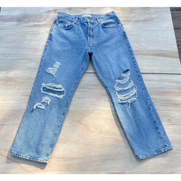 Mango Blue Solid‎ Denim Ripped Jeans Button Relaxed Regular Fit Size 12 USA - Picture 1 of 10